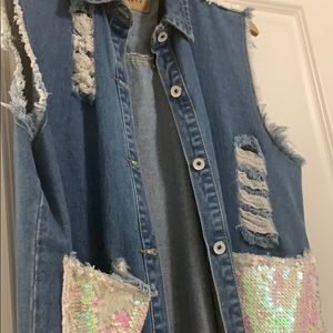 Long denim sequins pink white vest